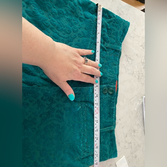 ANTHROPOLOGIE Etched Mid Rise Damask Velvet Skinny Straight Leg Teal - Picture 8 of 9